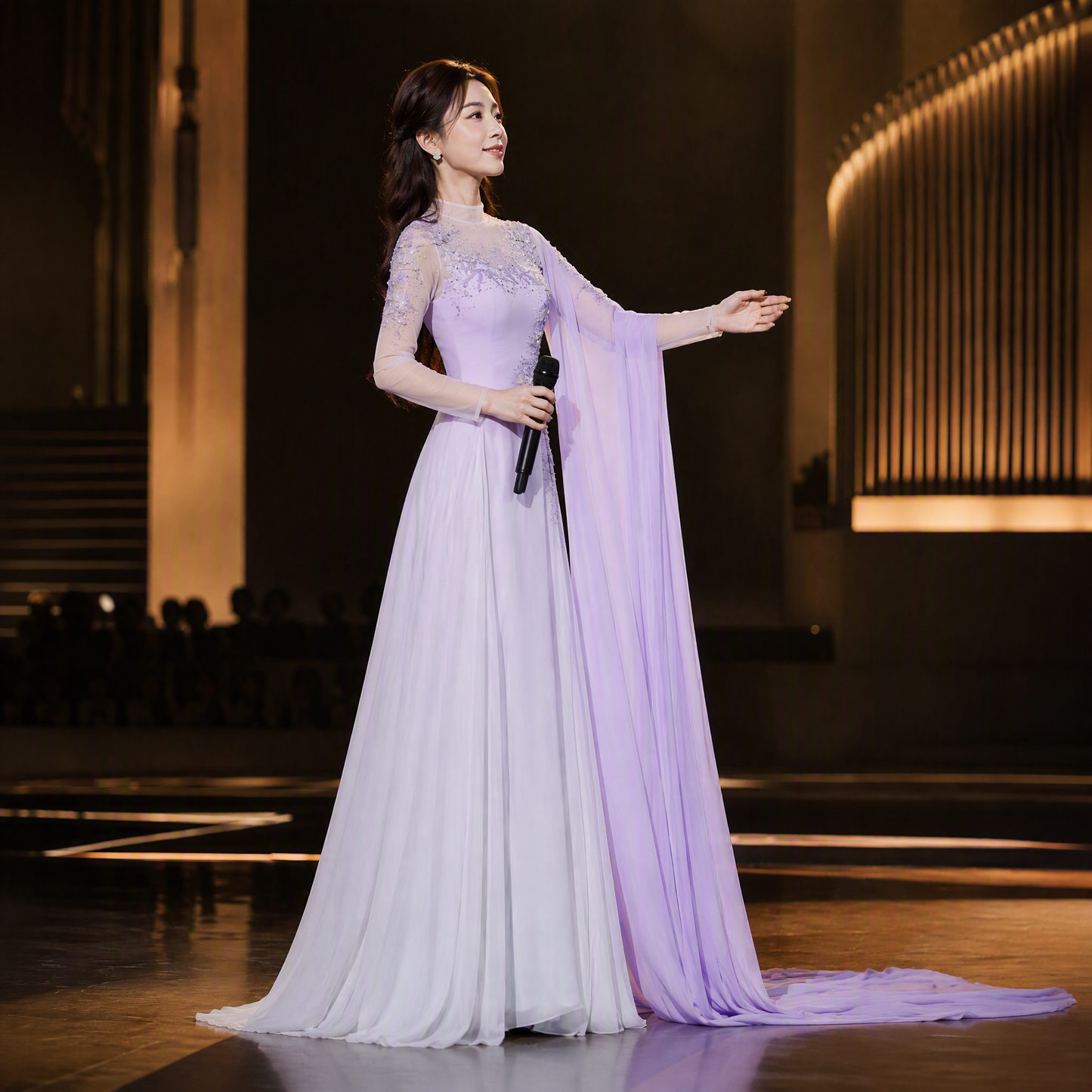 Ethereal Lavender Ombré Evening Gown with Cape-Style Sleeves
