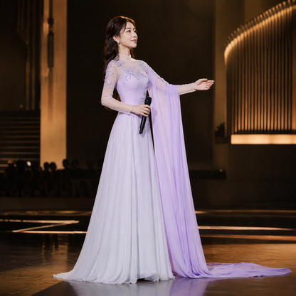 Ethereal Lavender Ombré Evening Gown with Cape-Style Sleeves
