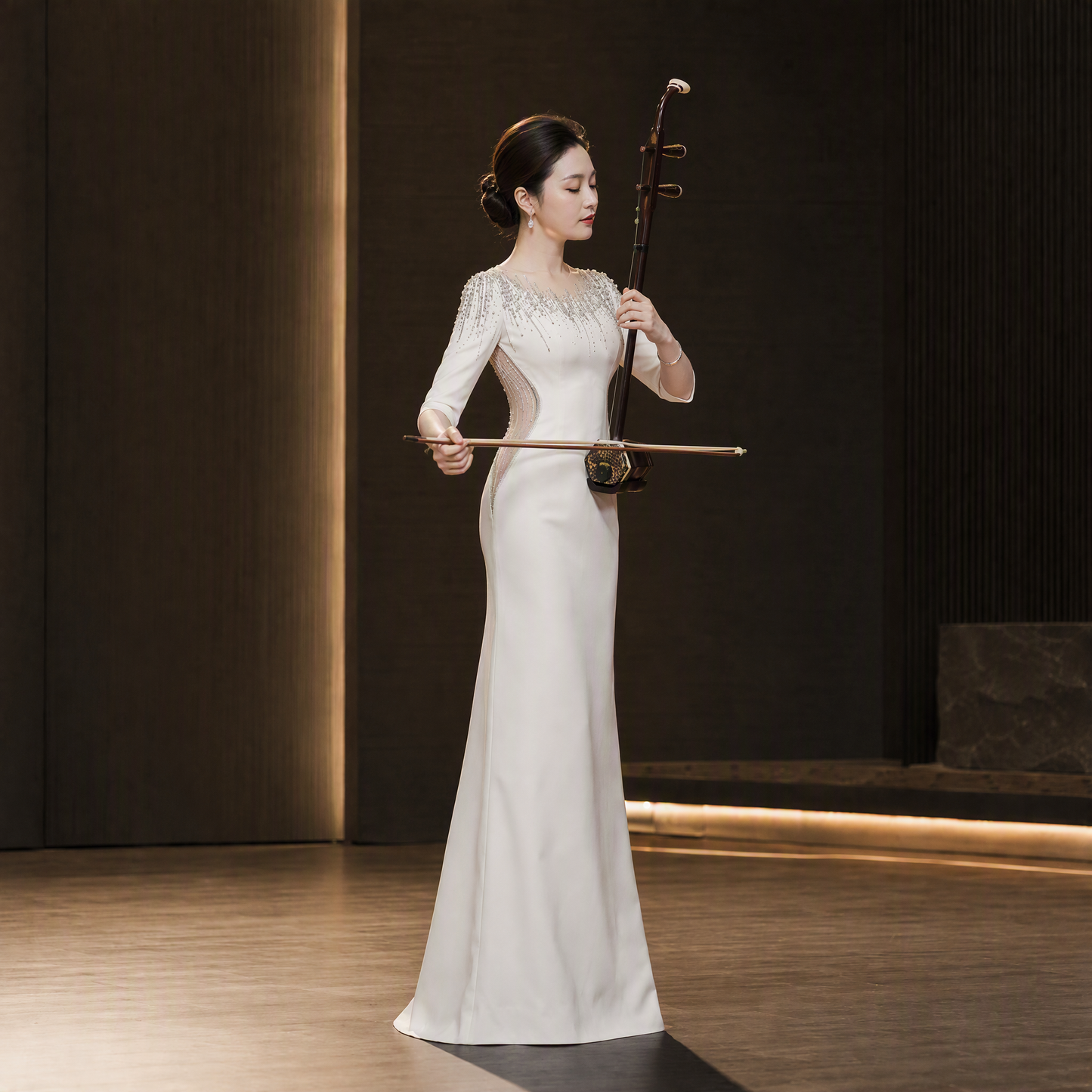 Ivory Column Gown with Crystal Fringe Shoulder Embellishment