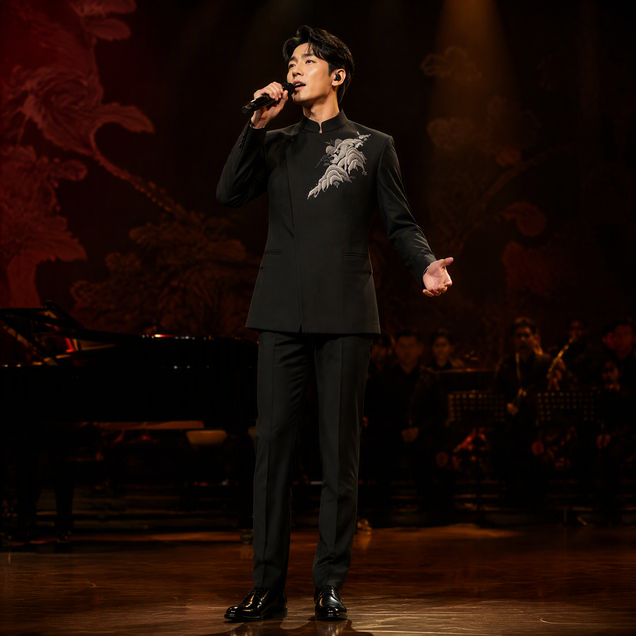 Oriental Black Mandarin Collar Suit Jacket with Mountain Embroidery and Hotfix Rhinestones