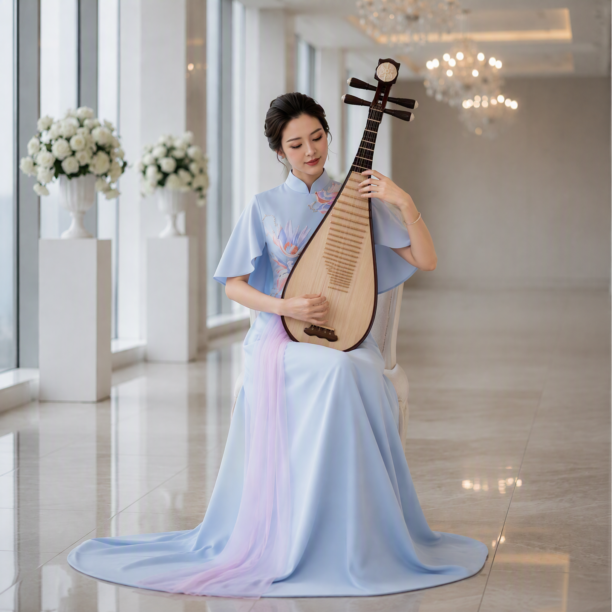 Celestial Mesh Draped Mandarin Stage Dress