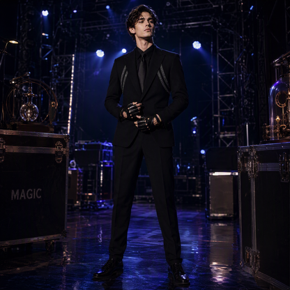 Avant-Garde Black Suit Jacket with Futuristic Silver Beaded Harness Lines