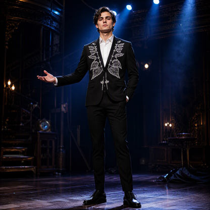 Dazzling Black Suit Jacket with Symmetrical Silver Crystal Foliage Embroidery