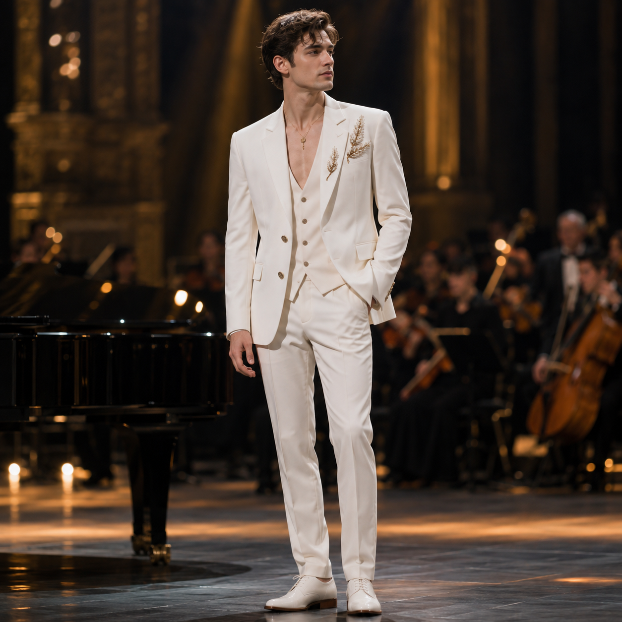 Ethereal White Suit with Gold Bead and Feather Embroidery