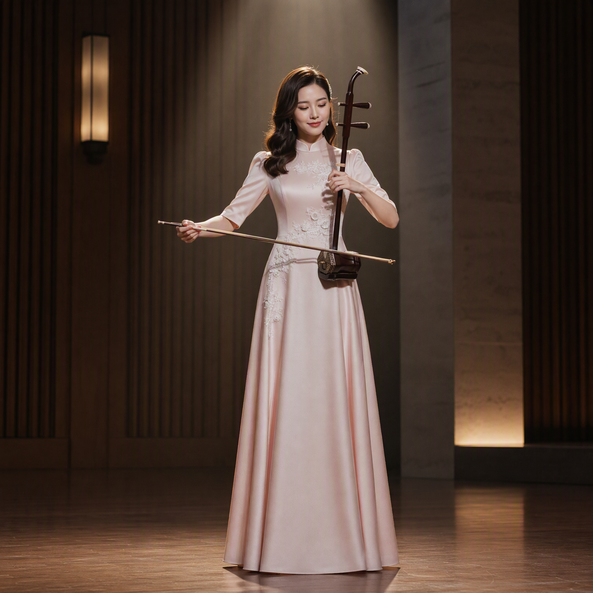 Lace Applique Mandarin Collar Pink Stage Gown
