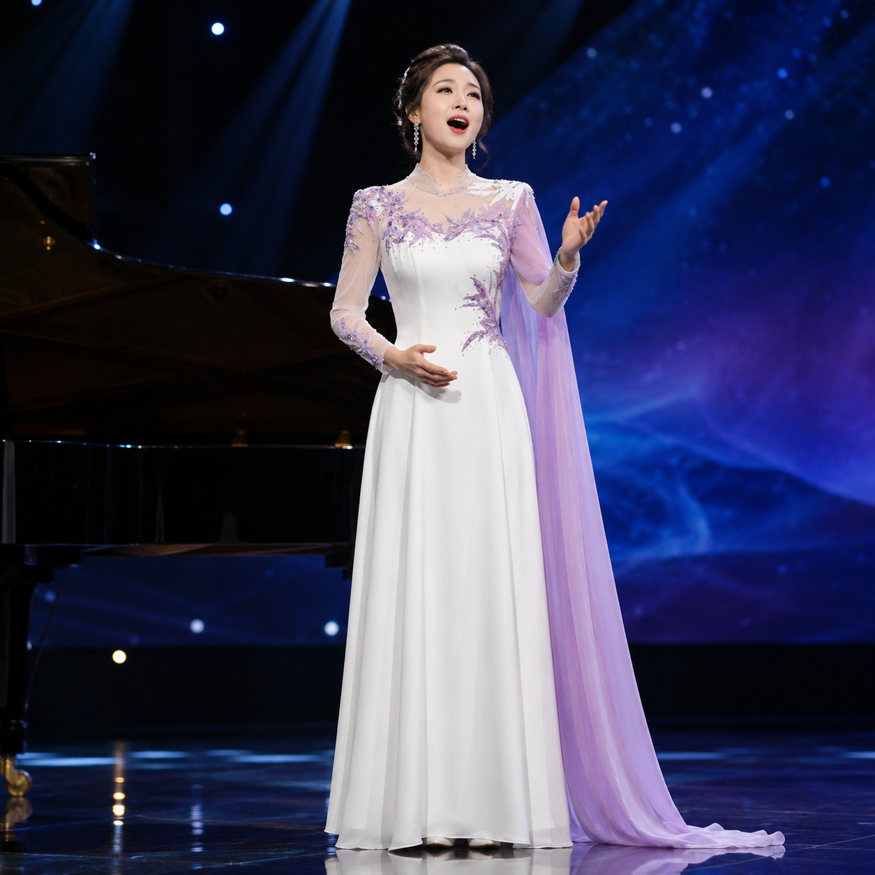 White and Purple Mandarin Collar Embroidered Long Evening Gown with Cape Sleeves