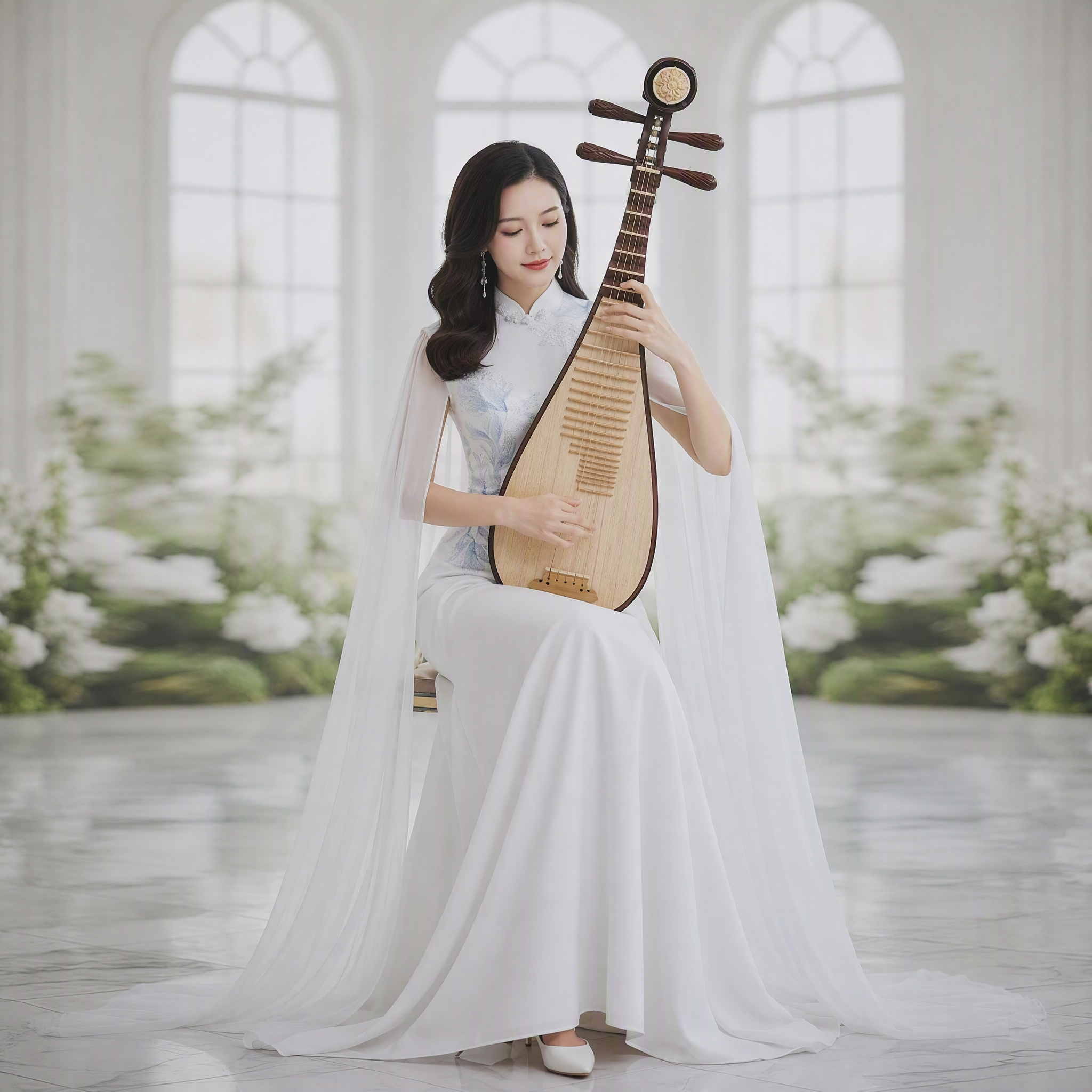 Flowing Cape Blue Floral White Stage Dress