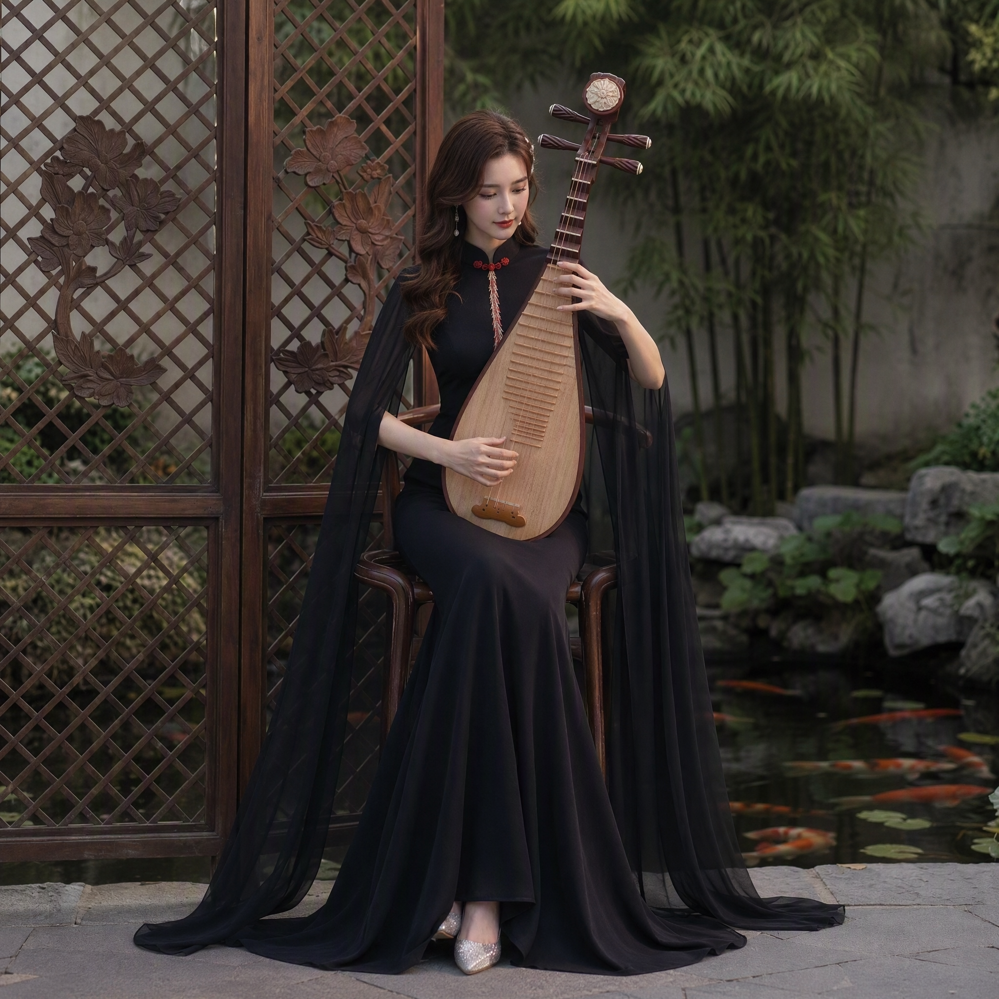 Phoenix Embroidered Cape Black Stage Gown