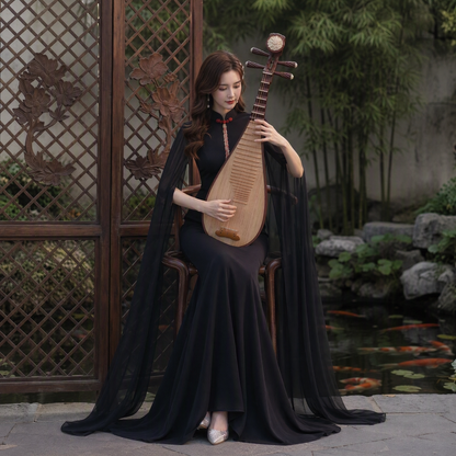 Phoenix Embroidered Cape Black Stage Gown