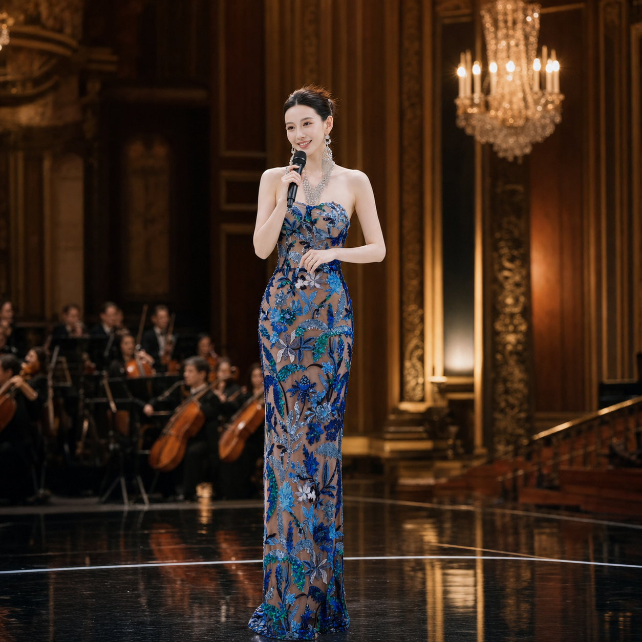 Exquisite Blue Floral Sequin Strapless Mermaid Long Evening Gown