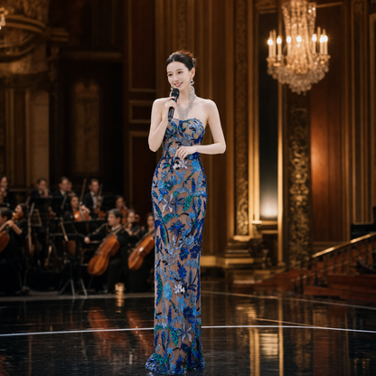 Exquisite Blue Floral Sequin Strapless Mermaid Long Evening Gown