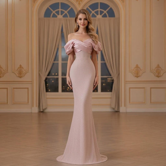 Off-the-Shoulder Draped Glitter Mermaid Gown