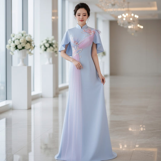 Celestial Mesh Draped Mandarin Stage Dress