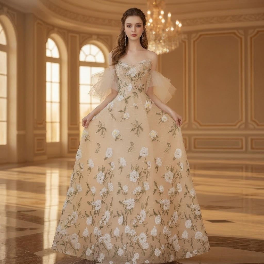 Sheer Sleeve Floral Applique Yellow Ball Gown