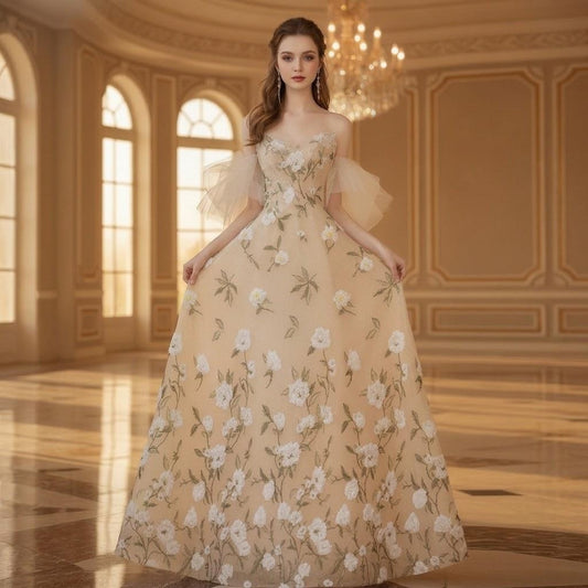 Sheer Sleeve Floral Applique Yellow Ball Gown