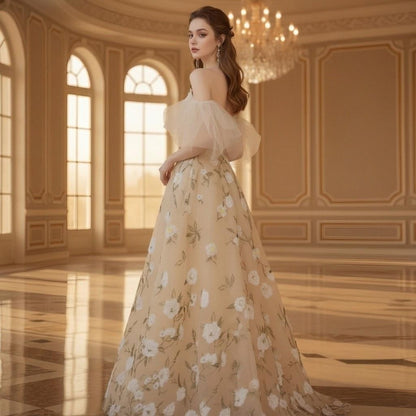 Sheer Sleeve Floral Applique Yellow Ball Gown