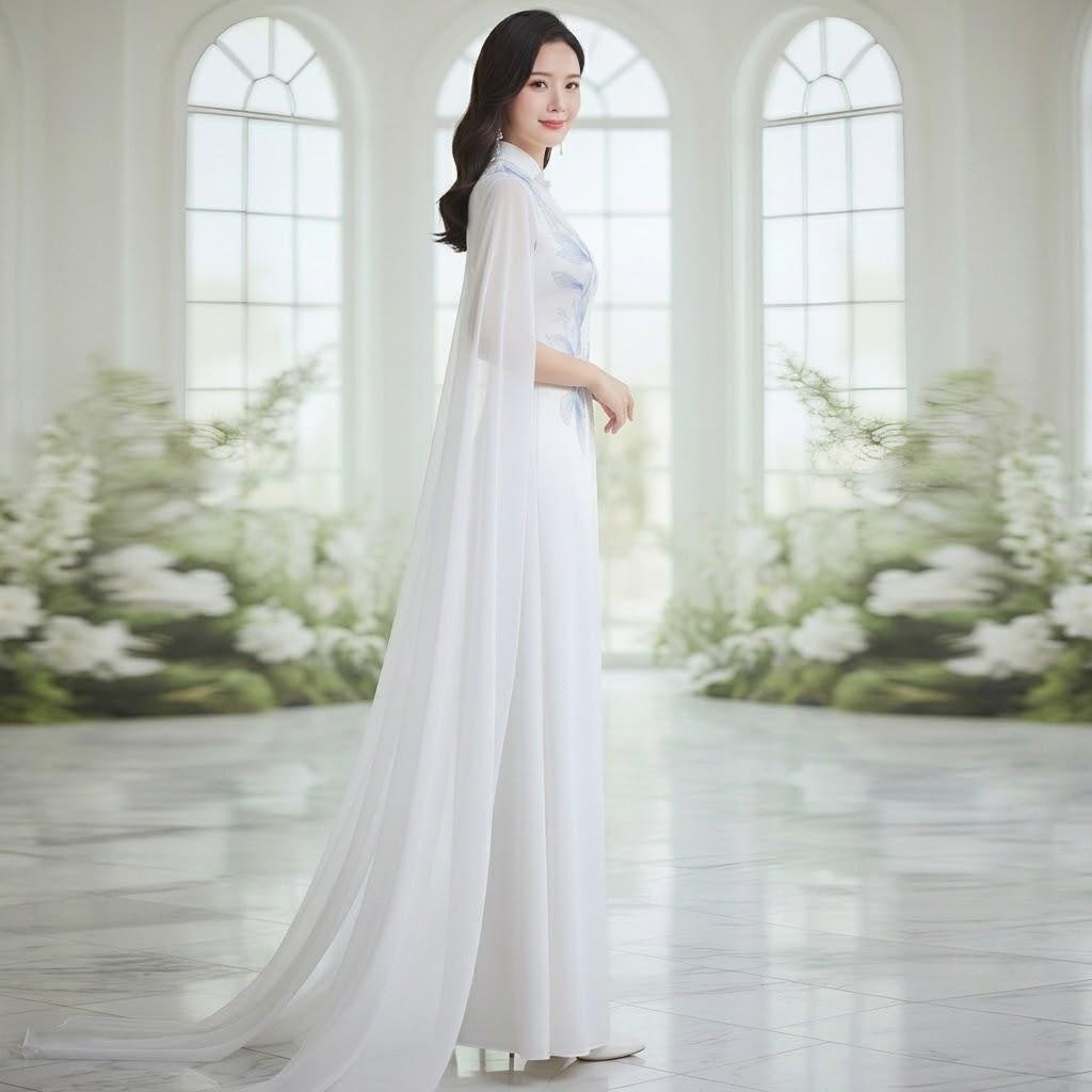 Flowing Cape Blue Floral White Stage Dress