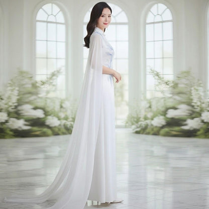 Flowing Cape Blue Floral White Stage Dress