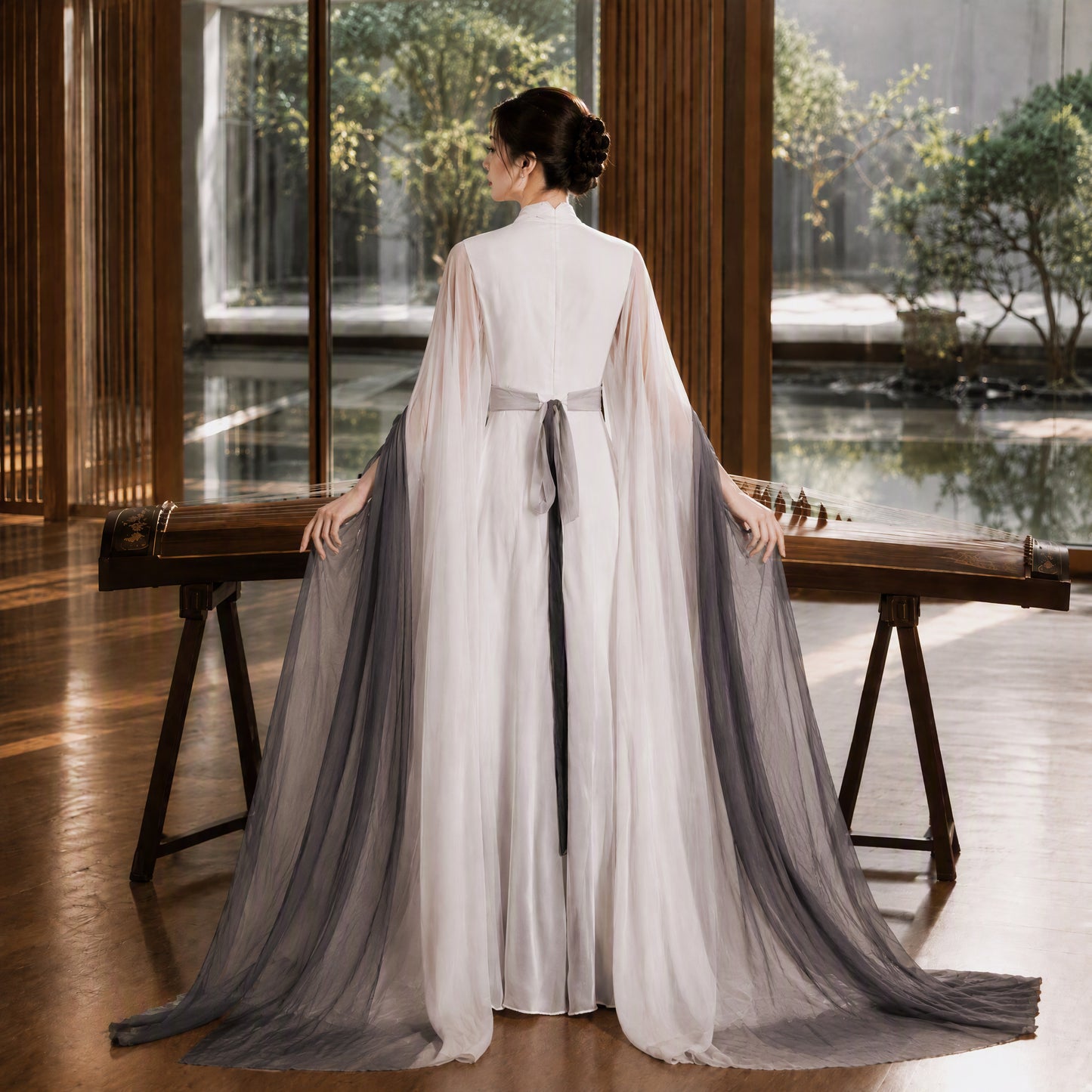 White and Ink Black V-Neck Landscape Print Long Evening Gown with Flowing Sleeves