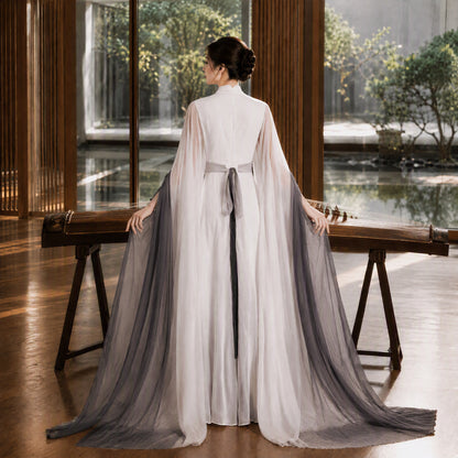 White and Ink Black V-Neck Landscape Print Long Evening Gown with Flowing Sleeves