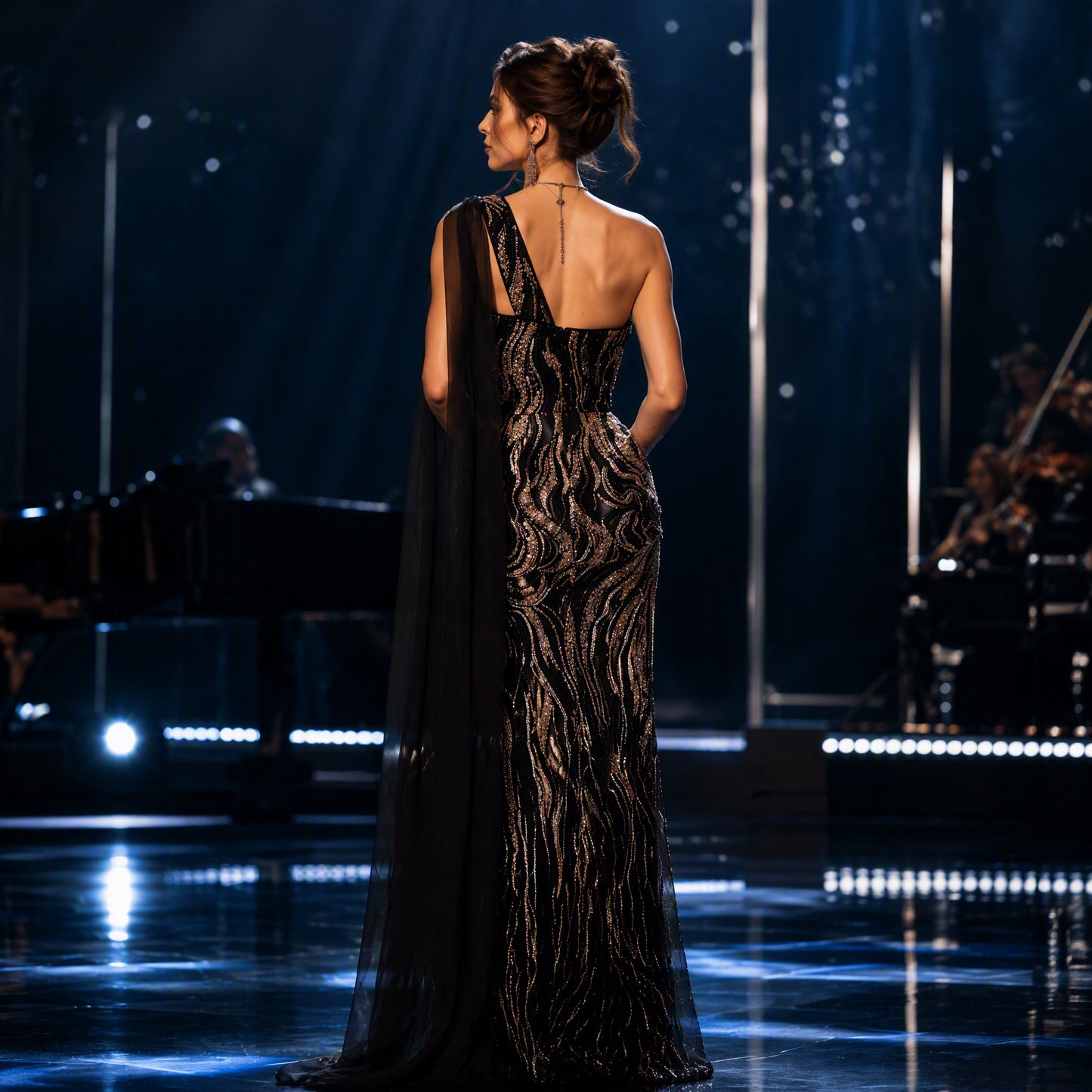 Black and Gold Sequin One-Shoulder Mermaid Long Evening Gown with Cape