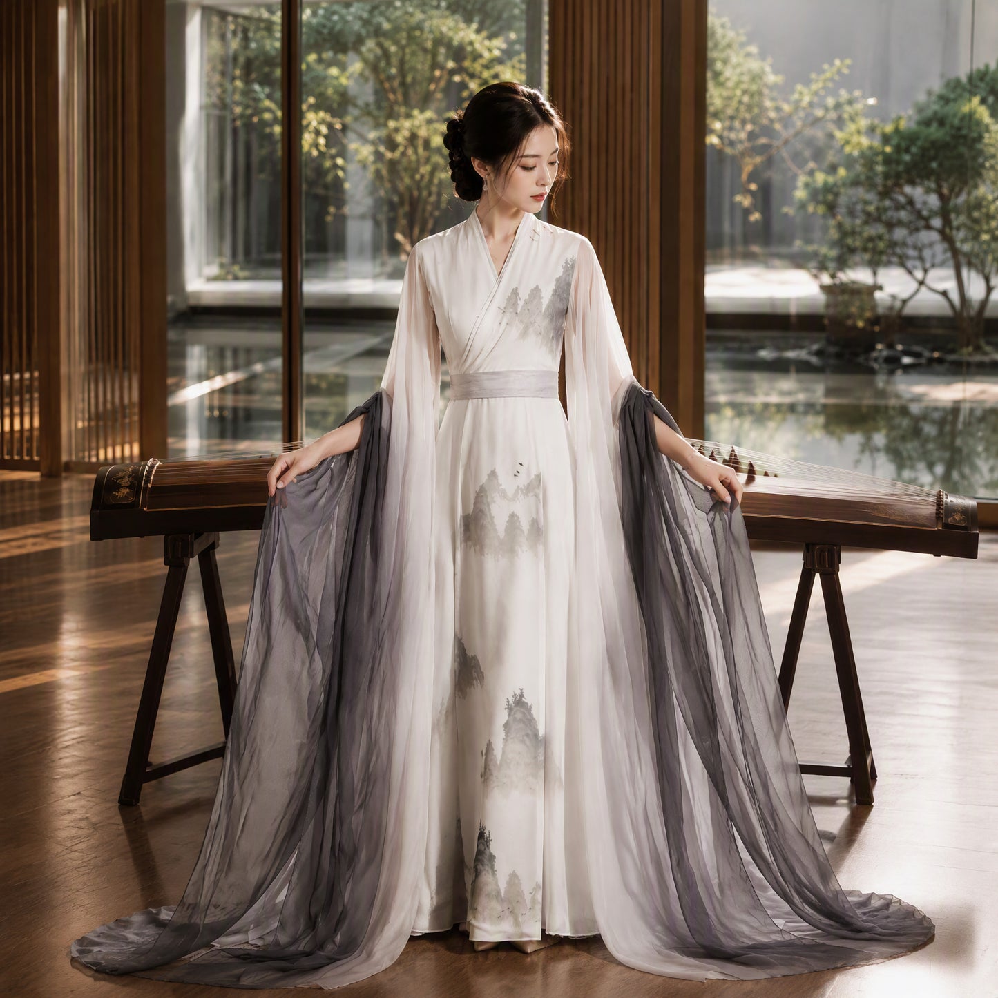 White and Ink Black V-Neck Landscape Print Long Evening Gown with Flowing Sleeves