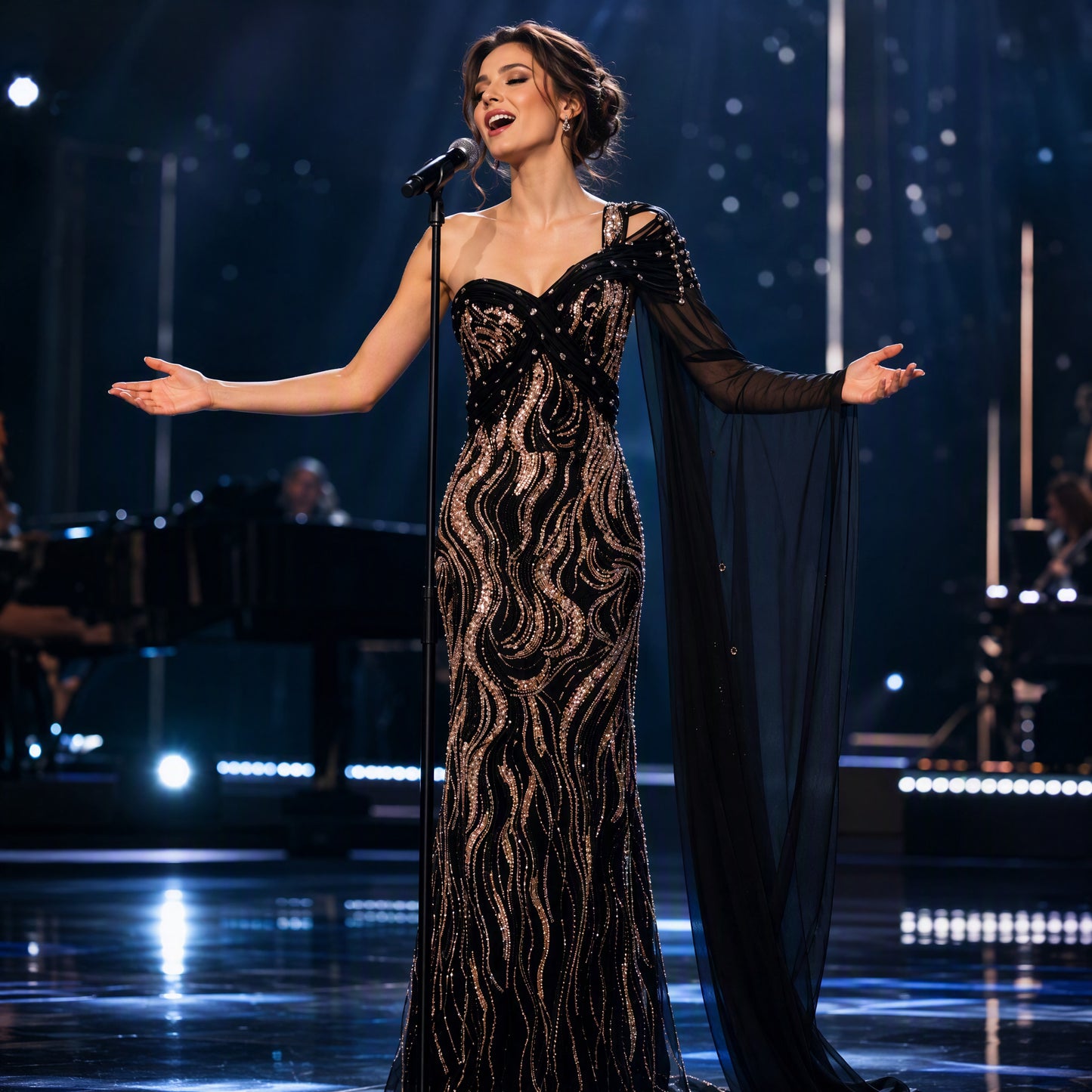 Black and Gold Sequin One-Shoulder Mermaid Long Evening Gown with Cape