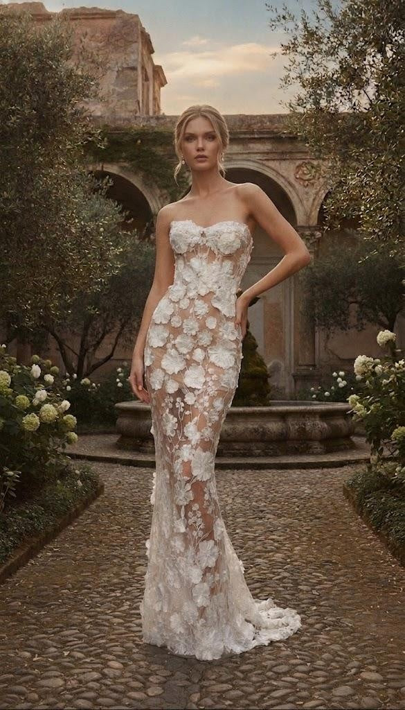 French Luxury 3D Floral Strapless Gown